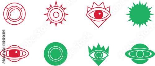 Eight stylized eye symbols with concentric circles and radiating lines in red and green 1