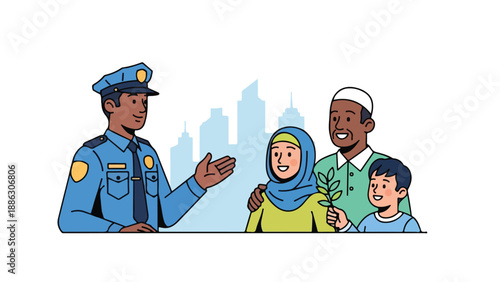 Illustration of a police officer talking to a diverse family of three in a city setting with a clean white background.