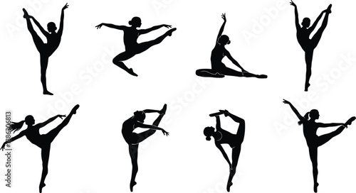 Black silhouette vector illustration set of graceful ballerinas and rhythmic gymnasts in various elegant poses, isolated on white background for dance design,