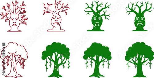 Eight stylized trees with human faces and one tree with a heart symbol on trunk green 1