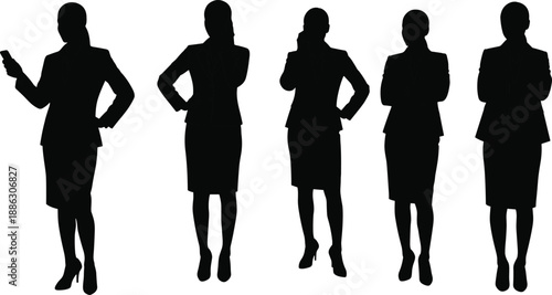 Professional business women silhouettes standing confidently using smartphones and thoughtful poses, corporate leadership, communication, and modern office workforce concept