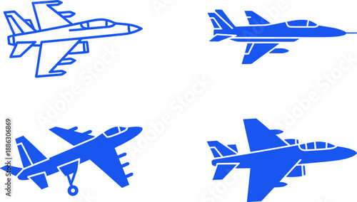 Four Blue Jet Fighter Aircraft Silhouettes in Different Angles and Positions 1