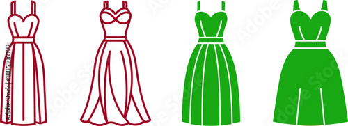 Four colorful dresses with different necklines and skirts fashion clothing