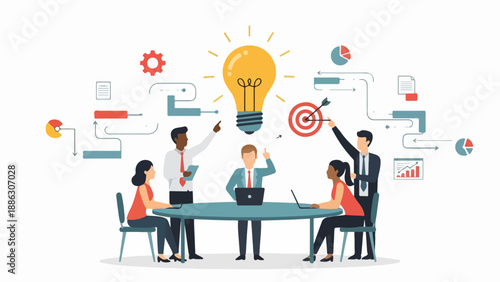 Team brainstorming around a table with a lightbulb and target icon above them in a collaborative office setting
