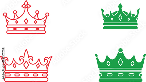 Four Crowns in Red and Green with Gemstones and Patterns Royal Jewels 1