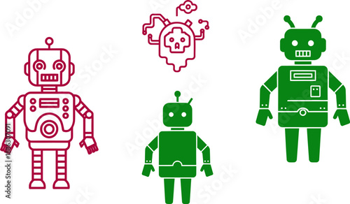 Four robots in green and red colors standing together with a virus above them technology