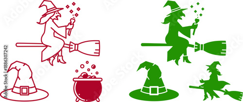 Green and red witch with brooms and cauldrons witches