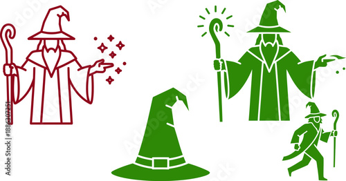 Green and red wizard with magic effects and witch hat spell wand