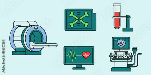 Medical equipment and diagnostic tools with M R I machine, X-ray, test, ultrasound, and heart monitor