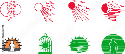 Red and green abstract of human head explosions and sun concepts