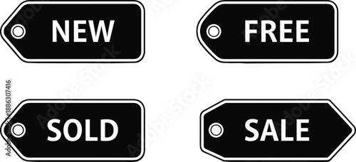 Set of black shopping price tags vector illustration featuring new free sold and sale text labels isolated on white background for retail store promotion.