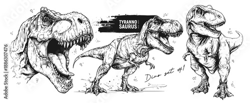 Vintage TRex study in ink, Dynamic ink hand-drawn sketch of TRex head and stance, Exaggerated ink portrayals of TRex demonstrating fierce expression and detailed teeth with vintage label