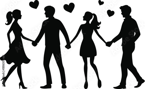 Couple walking hand in hand with hearts floating above them