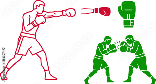 Red and green boxers fighting in a boxing match with gloves and punches illustrated