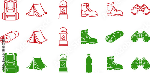 Red and green camping gear including backpacks tents boots and binoculars lantern sleeping bags
