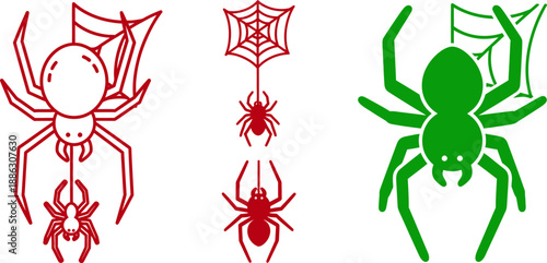 Red and green cartoon spiders with webs and small spiders 1