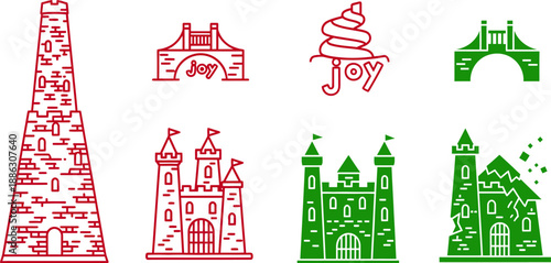 Red and green castle and bridge with joy text