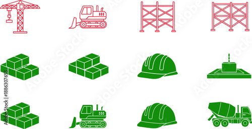 Red and green construction equipment and building set crane bulldozer scaffolding