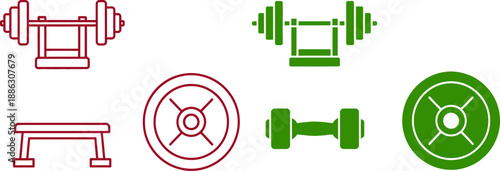 Red and green gym equipment including barbells dumbbells and weight plates fitness