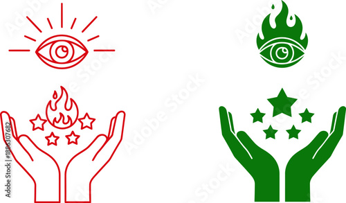 Red and green hand symbols with eyes and stars in a minimalist hands 1