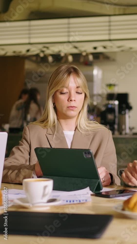 Focused young professional woman working on digital tablet at cozy cafe table with coffee and pastry during collaborative business meeting and casual discussion