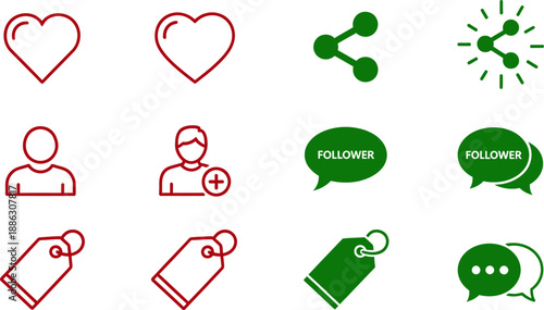 Red and green of hearts people and tags on white background