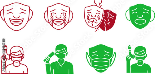 Red and green of happy and sad faces with and without masks