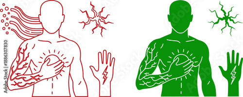 Red and green of human body with nerve pain and relief nerve relief