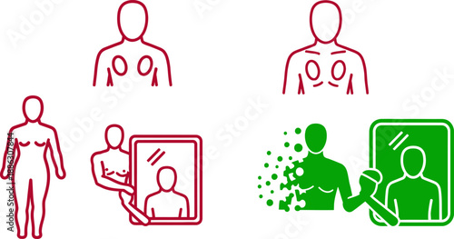 Red and green of human figures with medical and hygiene symbols