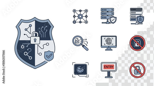 A graphic illustration of a shield with various computer and security icons, including a lock and magnifying glass, on a white background with a gray checkered pattern in the corner,