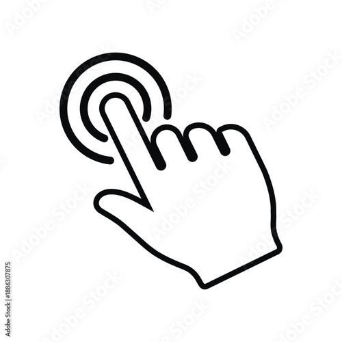 Black solid vector icon of a hand clicking. Minimalist silhouette of a finger touching a target or button, representing digital interface, web navigation, app interaction, and selection sign.