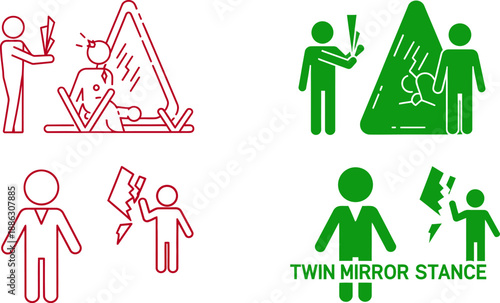 Red and green of people in various stances and interactions