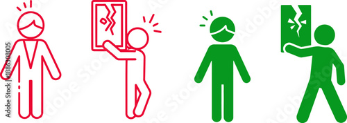 Red and green people with cracked heads and a cracked sign