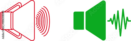 Red and green speaker with sound waves and concentric circles