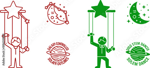 Red and green stick figure puppets with star and moon symbols and text