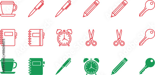 Red and green office supplies and tools including coffee mugs pens keys notebooks alarm clocks and scissors