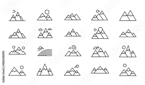 Minimal mountain outline icon set for travel, hiking, and outdoor UI design