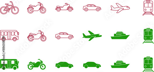 Red and green transportation including bicycles motorcycles cars airplanes buses ferries and trains 1