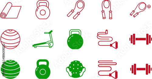 Set of fitness equipment in red and green colors exercise dumbbells kettlebells yoga mat