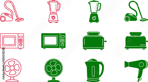 Set of household appliances in red and green line vacuum cleaner blender microwave toaster fan coffee maker hair dryer