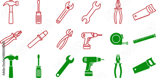 Set of red and green hand tools and measuring tape in line style hammer screwdriver