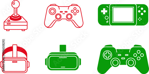 Set of six colorful gaming controllers and virtual reality headsets in red and green outline style