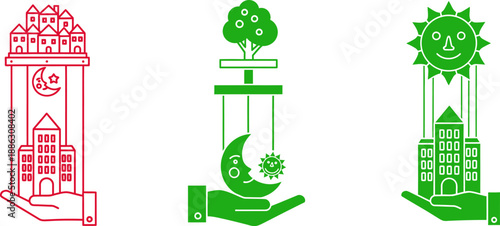 Three hands holding city buildings tree and sun