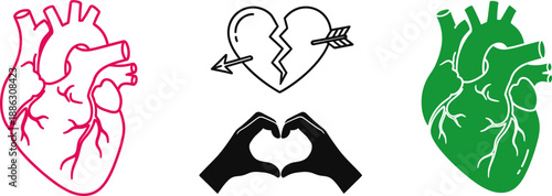 Three heart with different styles and colors anatomy broken heart arrow hands
