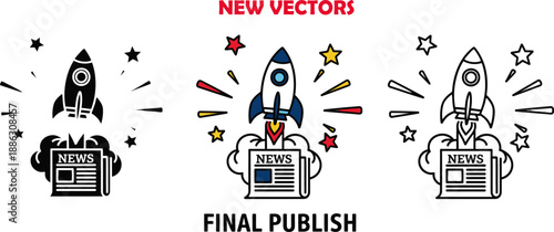 Three rockets launching from newspapers with colorful stars and lines 1