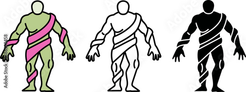 Three stylized human figures with different colored bandages and wraps standing side by side