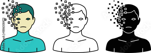 Three stylized human figures with digital data points around their heads in different colors