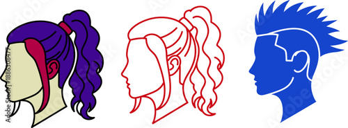 Three stylized profile of people with colorful hair and headgear