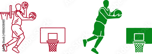 Two basketball players in red and green uniforms shooting at hoops with different colored backboards