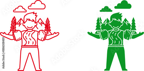 Two cartoon figures with trees and mountains in red and green colors